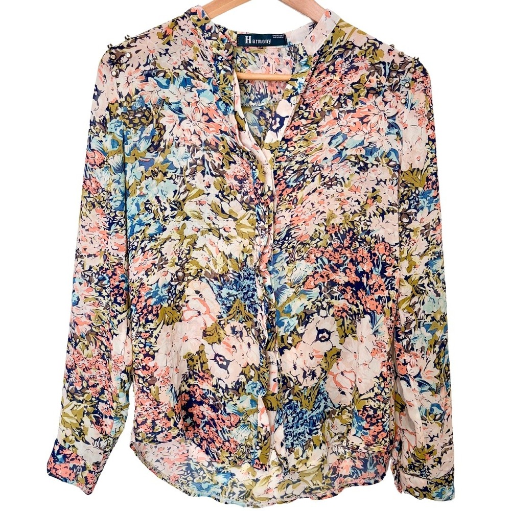 Pastel Floral Gold Studded Chiffon Semi-Sheer Button Down Blouse – Harmony, S
